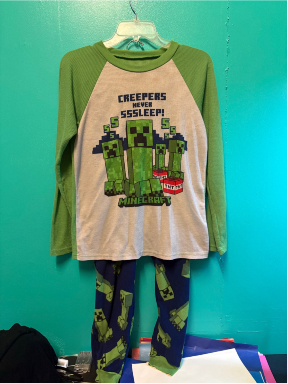 Boys Minecraft Pajama Set Green Blue Size L